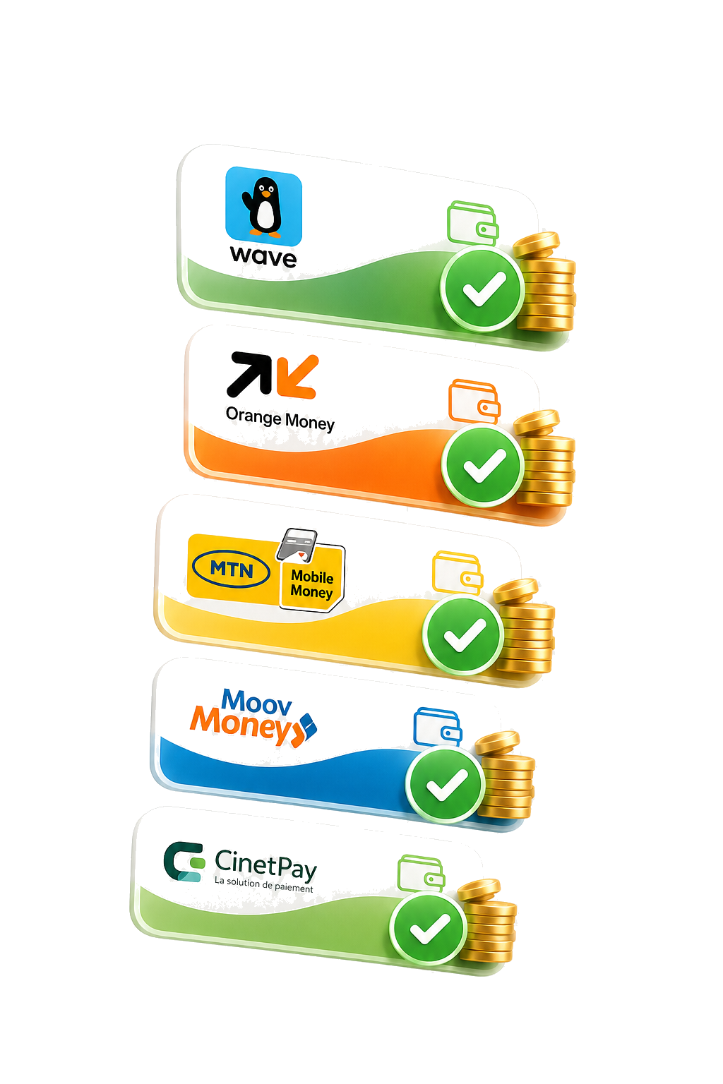 Badges Wave, Orange Money, MTN MoMo, Moov Money, CinetPay
